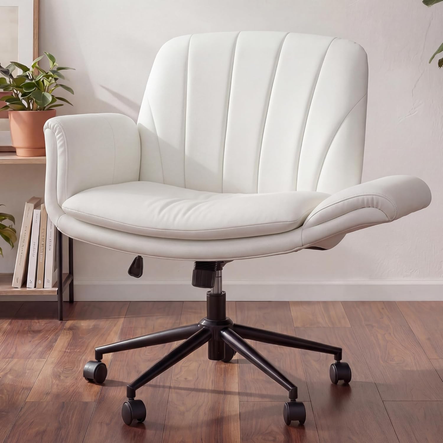 Leveling Leatherworking - Beige Crisscross-Leg PU-Leather Rolling Swivel Chair,